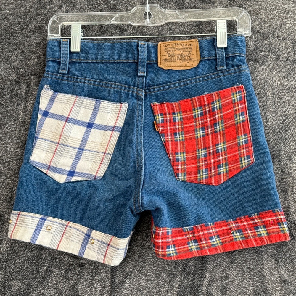Vintage 80s Levis 718 Orange Tab Denim Shorts Womens 27 Plaid Patchwork Reworked
